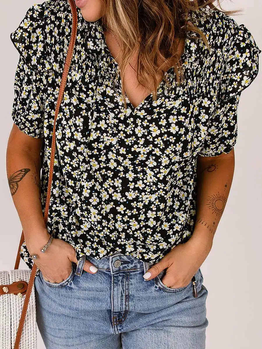 

Женская летняя новая свободная блузка с V-образным вырезом из шифона с цветочным принтом, из полиэфирного волокна, стандартный крой