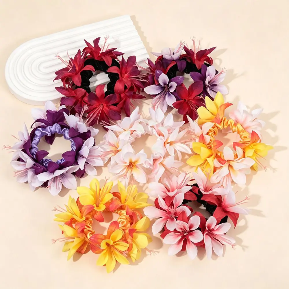 Tropical Artificial Flower Hair Scrunchie Lightweight Reusable Women's Flower Hair Band Soft Elastic Girl's Ponytail Holder