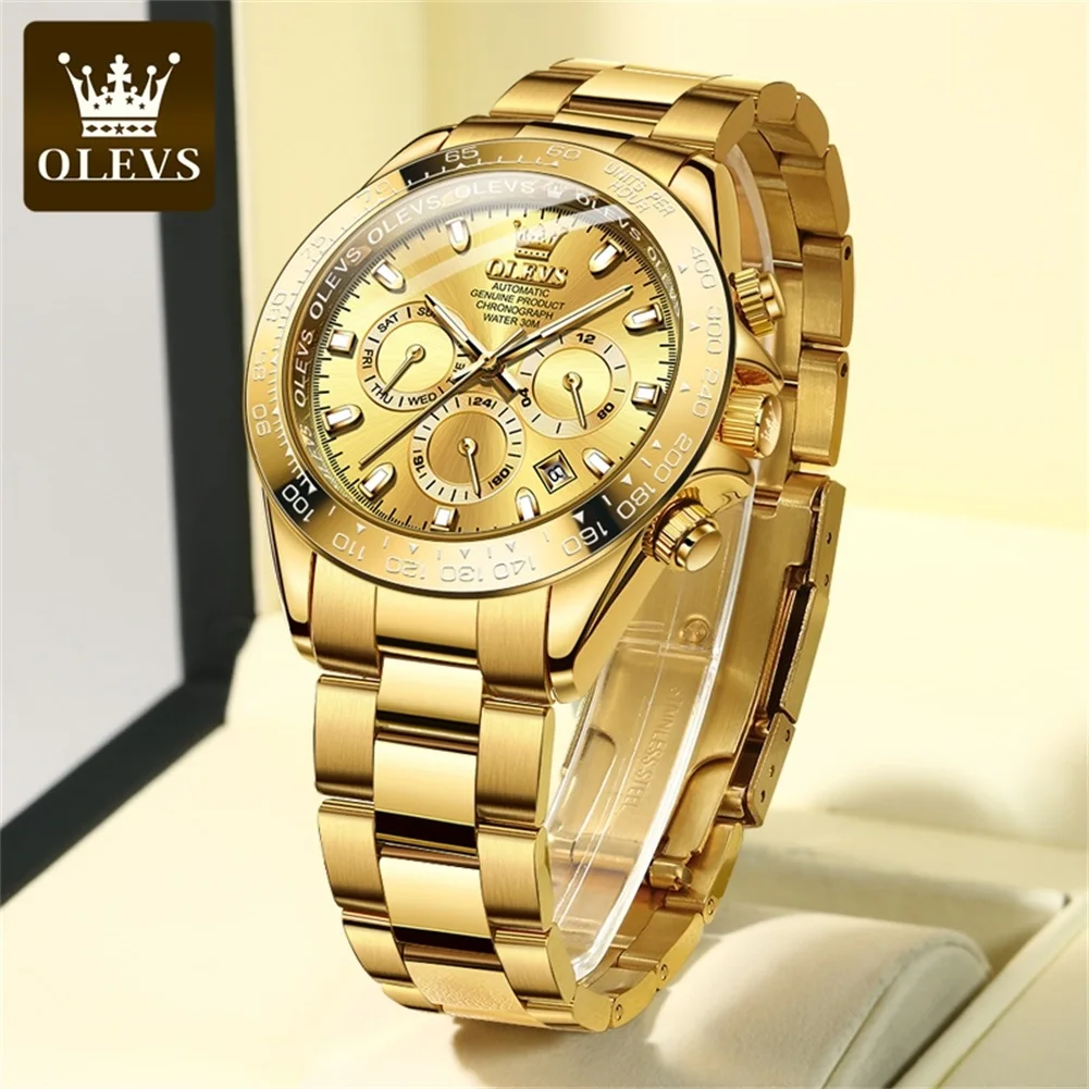 OLEVS Brand Luxury Gold Mechanical Watch for Men Stainless Steel Waterproof Luminous Calendar Multifunction Fashion Mens Watches