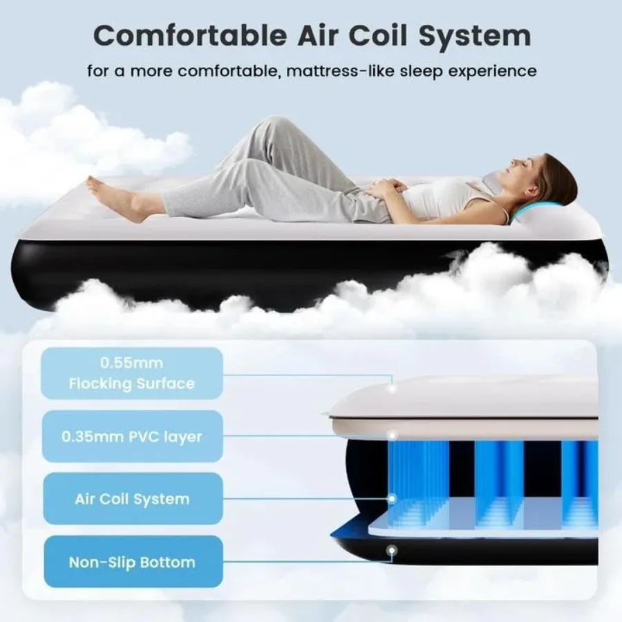 Queen Air Mattress for Camping, Travel, Home Guests PVC, Gray 8 Raised, Built-in USB Rechargeable Pump, Portable Inflatable view 2