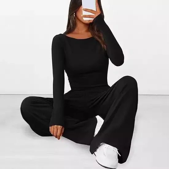 Solid Color Casual Two-piece，asymmetrical Crew Neck Slim-fit Long Sleeve T-shirt, Drawstring Wide Leg Pants,women Spring/autumn