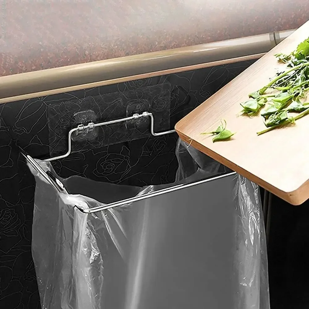 Stainless Steel Trash Bag Holder Garbage Storage Holder Kitchen Trash Rack Cabinets Door Grocery Bags Organizer Towel Hanging