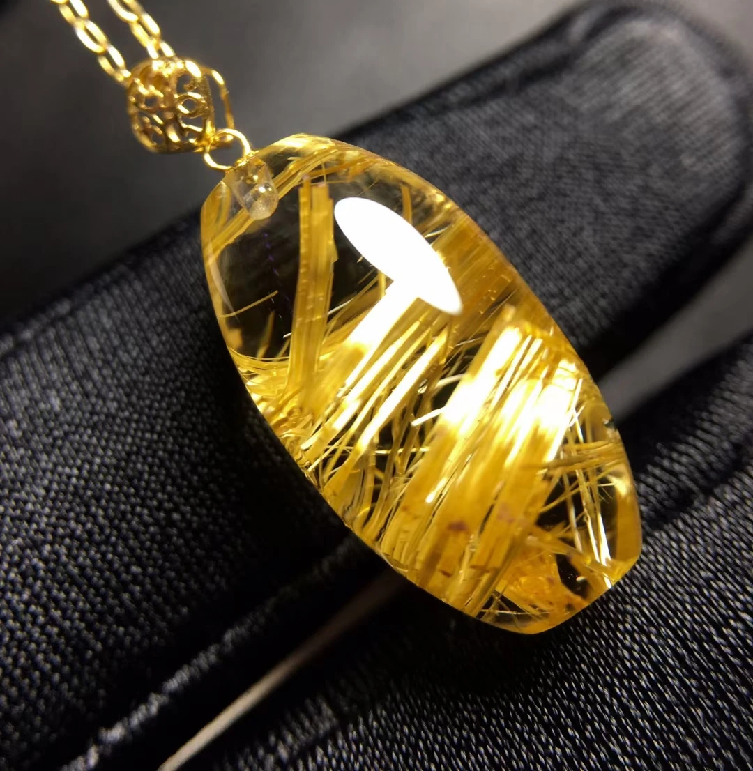 Natural Gold Rutilated Quartz Pendant Necklace Barrel Yellow Rutilted 18.8*10mm Women Men Jewelry AAAAAAA