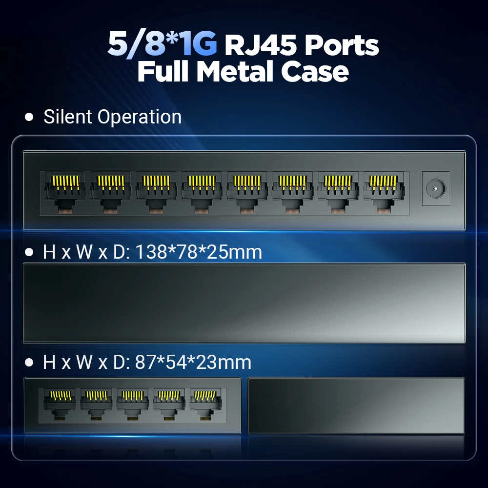 AMPCOM Network Switch 5/8 Ports Switch Ethernet 1000Mbps Gigabit High Performance Smart Switcher RJ45 Hub Internet Injector