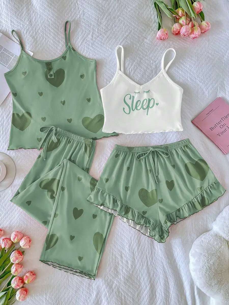 4pcs Women Sleepwear Set Heart Print Camisole And Shorts Summer Pajamas