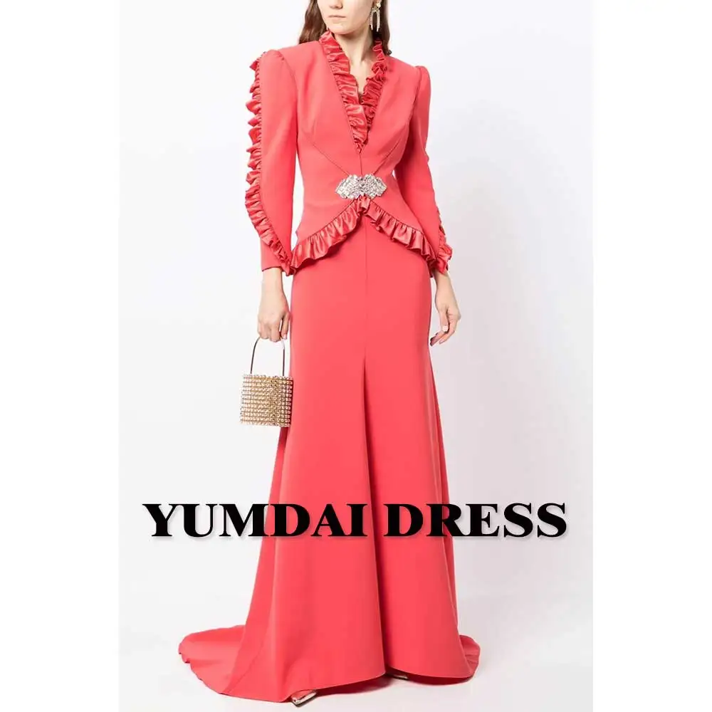 YUMDAI Gorgeous Orange Floor Evening Gown Saudi Arabia Long Sleeve Elegant Mom Dress Sweet Ruffled Wedding Formal Ball Dress