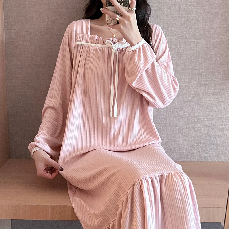 

Sweet Knot Long Sleeve Cotton Sleep Dress Women's New 2026 Spring Autumn Winter Home Clothes Dress Nightgown