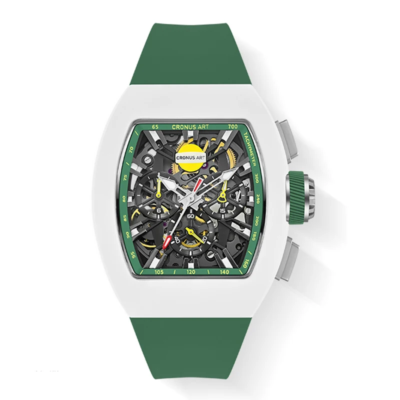 CRONUSART Men Chronograph Watch Tonneau 50mm Automatic Mechanical Wristwatch Fluororubber Case Luminous Skeleton Dial