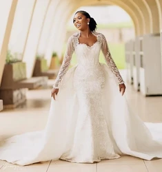 Lace African Wedding Dresses Mermaid Long Sleeves Pearls Aso Ebi Women Bridal Wedding Gowns For Black Girls Customized