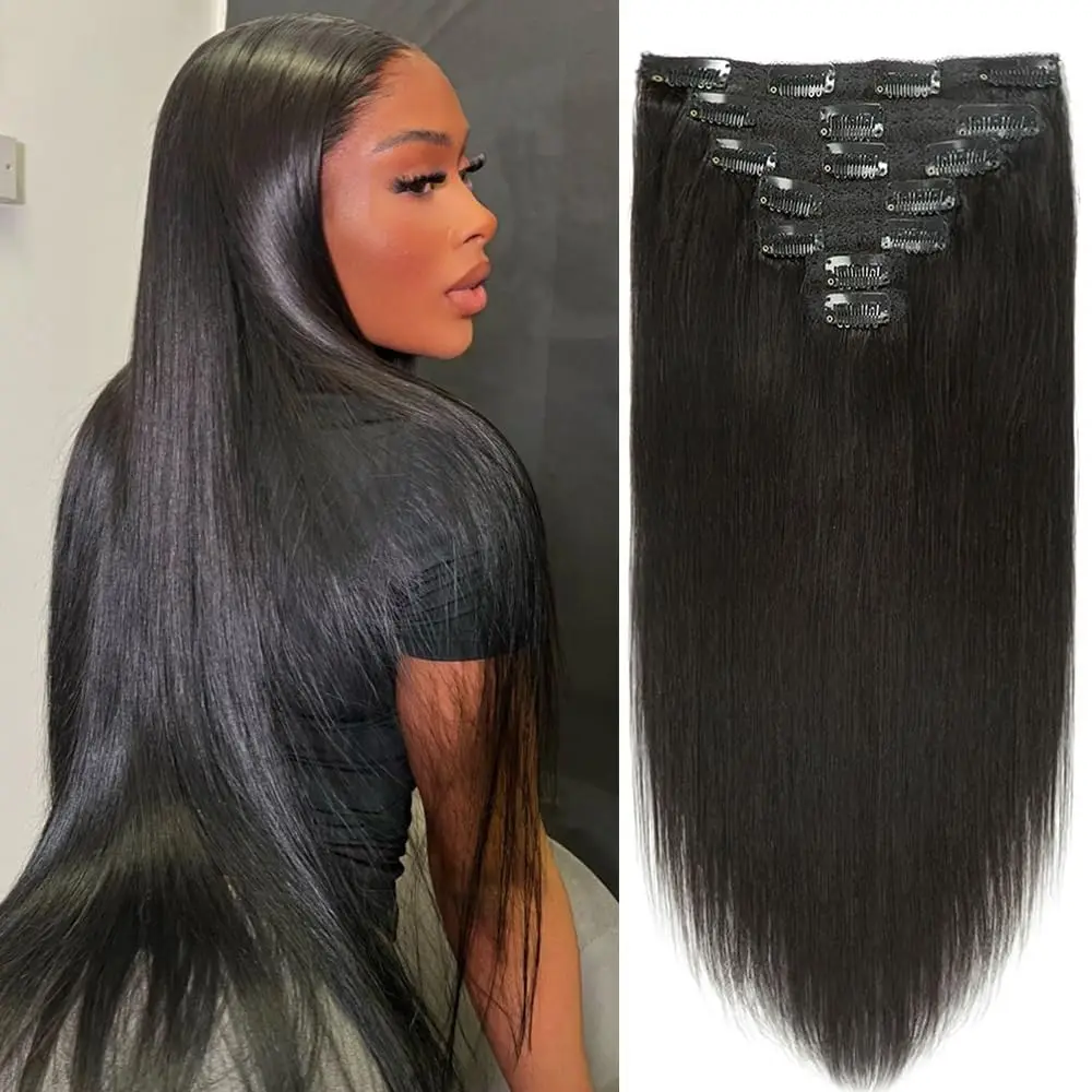 

Clip in Hair Extensions Real Human Hair 120g 7pcs Straight Hair Extensions Clip ins Human Hair Extensions Double Weft #1B