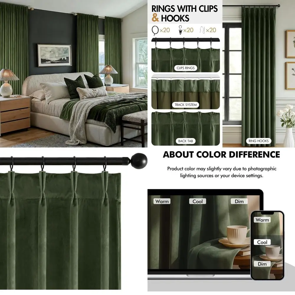 

96 Long Olive Green Velvet Pinch Pleat Blackout Curtains with Hooks, Thermal Insulated Panels for Home