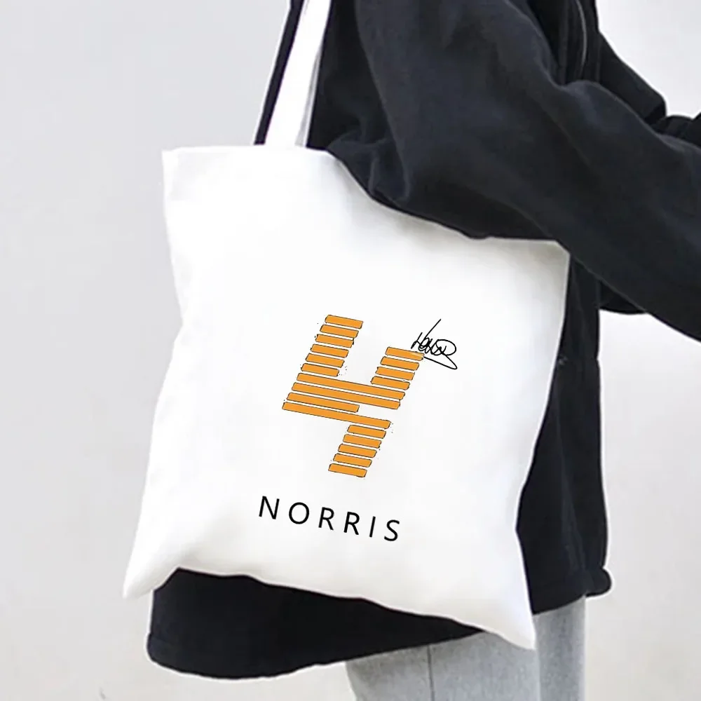 Cool F1 Formula 1 Lando Norris Bottas Racing Car Men Women Canvas Shoulder Cotton Tote Bag Harajuku Eco Shopper Shopping Handbag