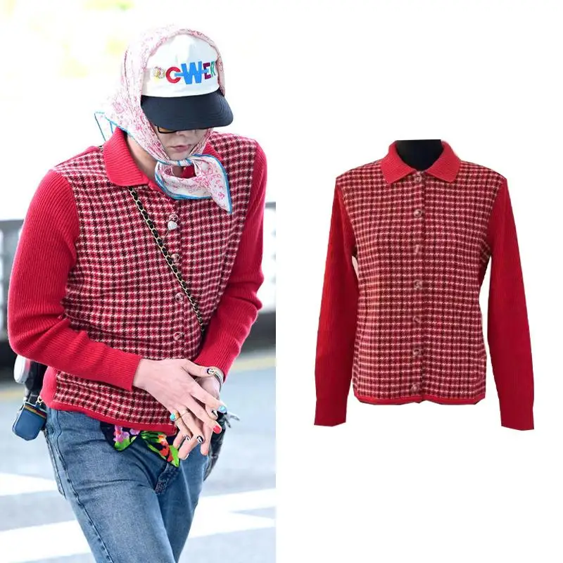 Latest Korean G-Dragon Same Style Power Clothes Red Splicing Thousand Bird Grid Small Fragrant Style Knitted Sweater Jacket Top