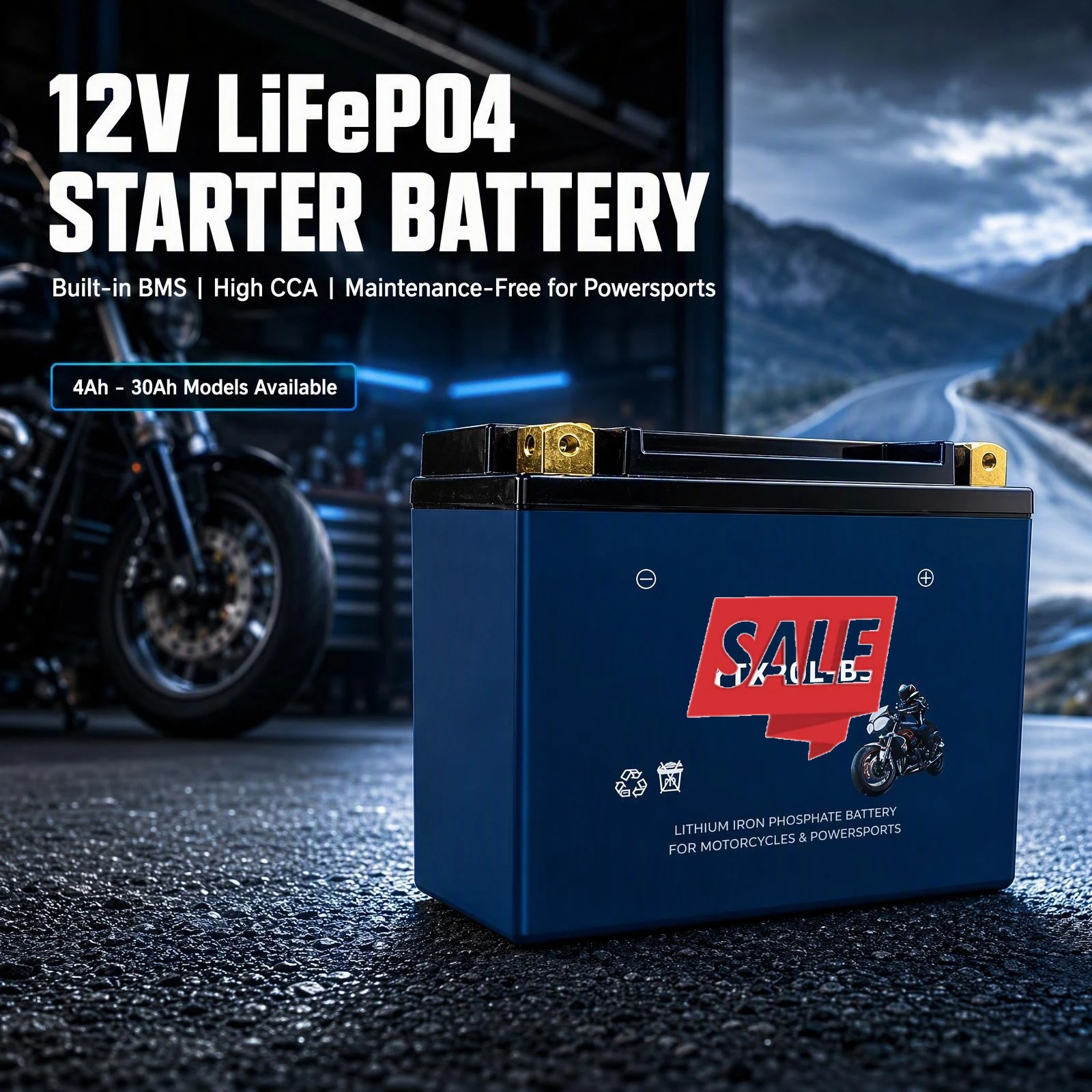 12V LiFePO4 Starter Battery Built-in BMS 4Ah-30Ah Maintenance-Free for Motorcycle Scooter ATV UTV Jet Ski Power Sports