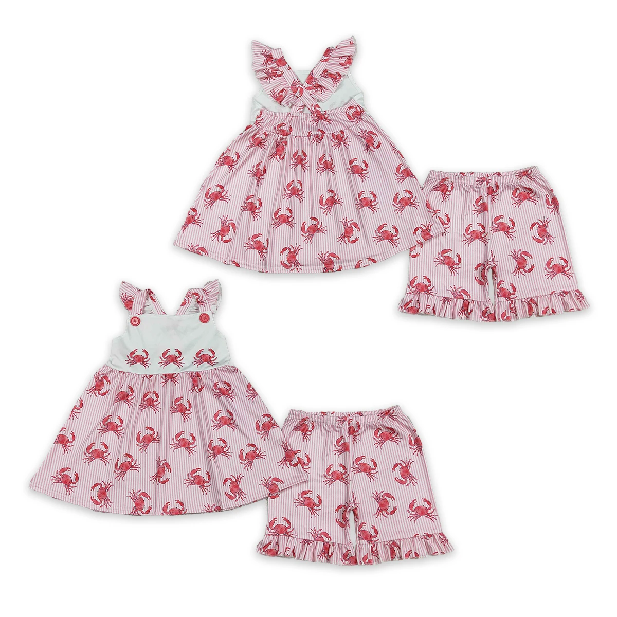 Baby Girls Flutter Sleeve Pink Stripe Crabs Tunic Ruffle Shorts Clothes Two Pieces Set Children Infant Flower Outfits Wholesale