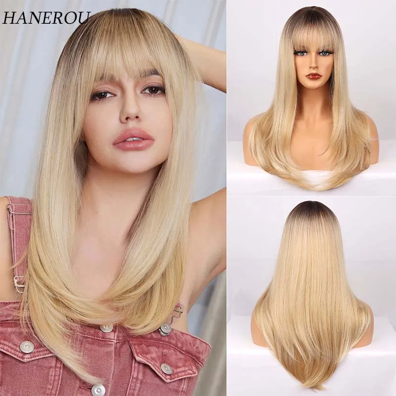 Long Straight Dark Root Gradient Blonde Wigs With Bangs Synthetic Wigs for Women Daily Wear Cosplay Heat Resistant Hair