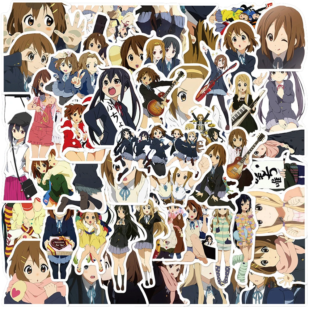 K-On Anime Adesivos para Decoração de Guitarra, Hirasawa Yui Akiyama Mio Adesivo, Tainaka Ritsu Kotobuki Tsumugi Decalques, 10 pcs, 30 pcs, 50pcs