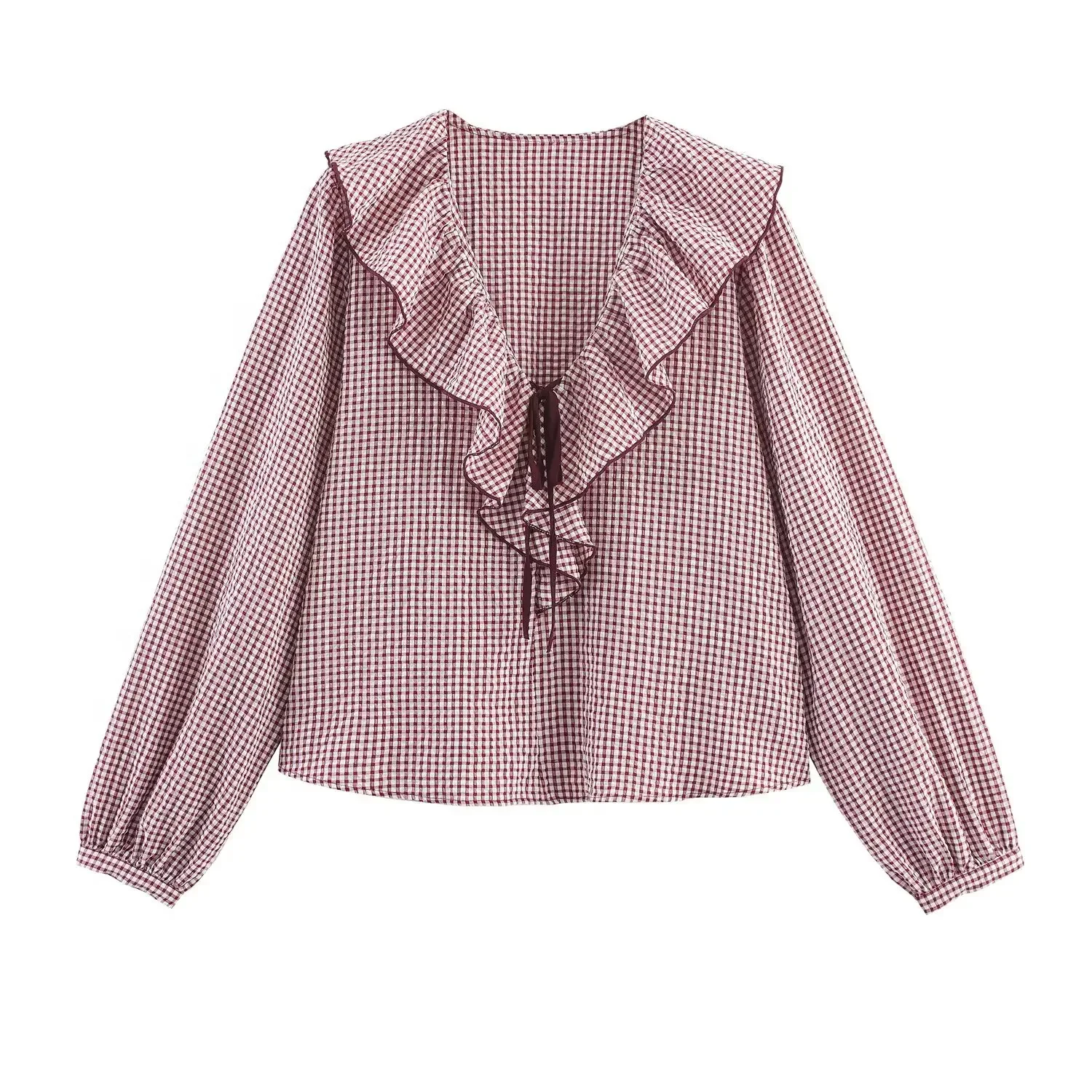 

Women Bow Red Plaid Ruffles Shirt Long Sleeve 2025 Fashion Loose Blouse Tops