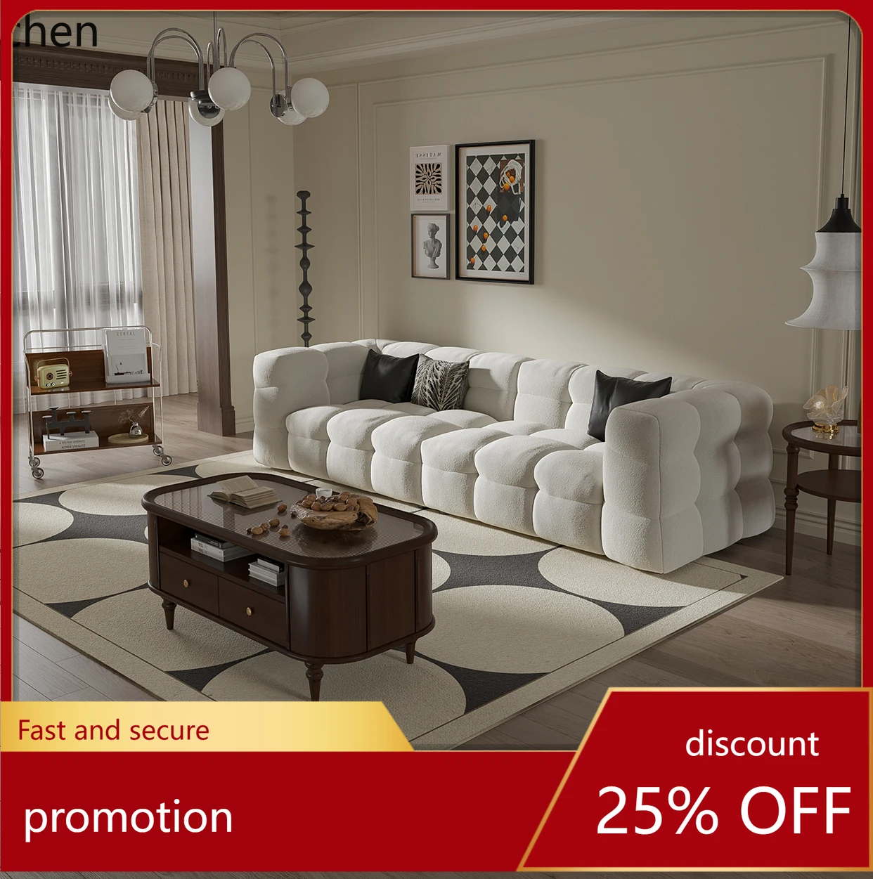 

HXL Cream Style Fabric Lamb Wool White Vintage Sofa Three-Seater