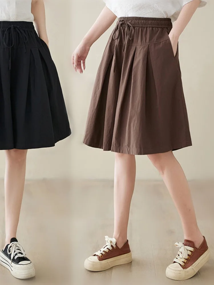 편안한 단색 플리츠 와이드 레그 팬츠 여성 여름 캐주얼 루즈핏 5부 길이 한국 스타일 출퇴근용