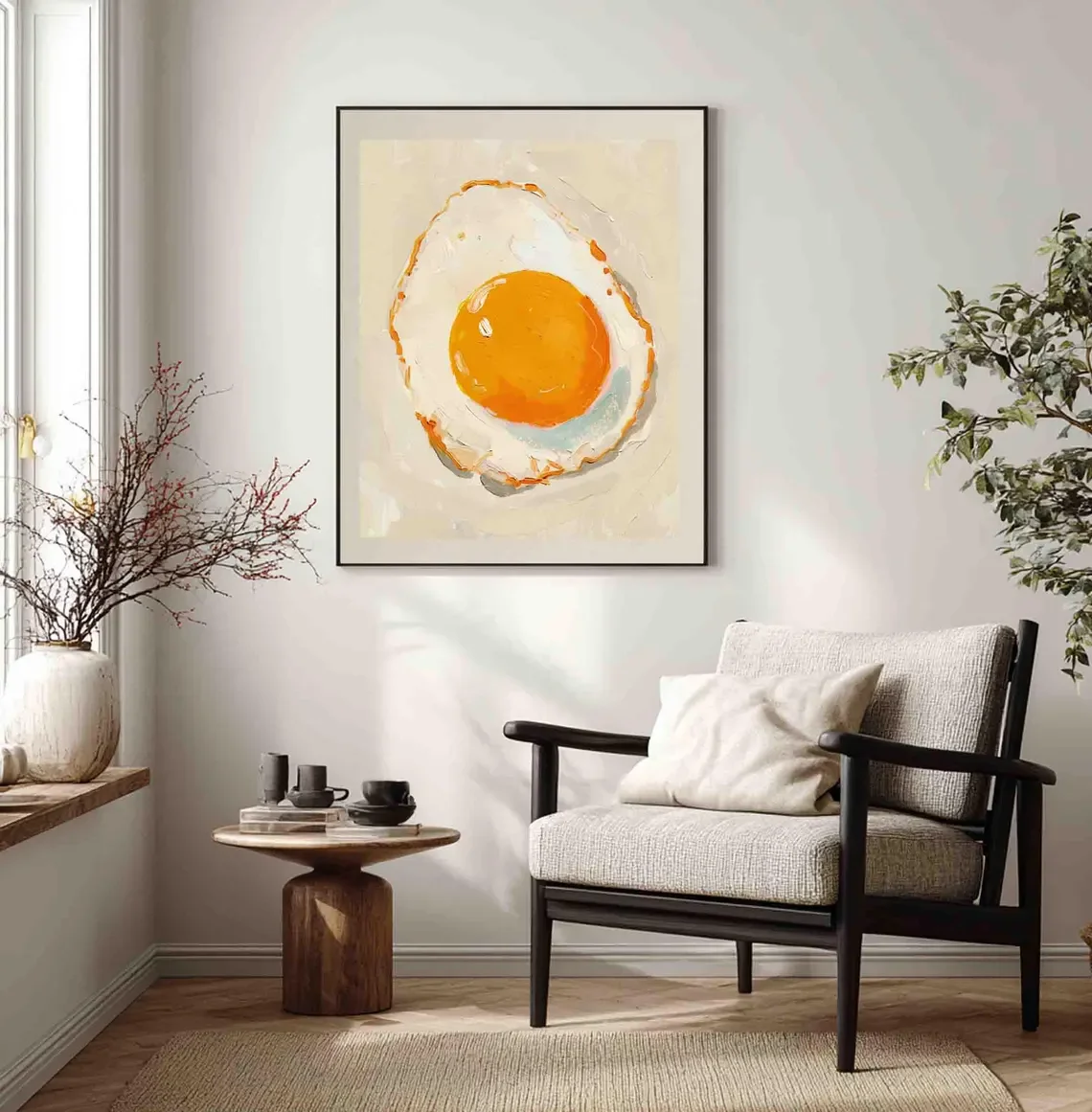 Sunny Side Up Fried Egg – Textured Impressionist Oil Painting Print, Modern Kitchen Wall Decor, Breakfast Art for Dining Room &