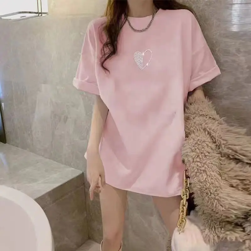 100% Pure Cotton T-shirt Heavy Industry Love Hot Drilling Short Sleeves 2025 Spring and Summer Street Women's Clothing