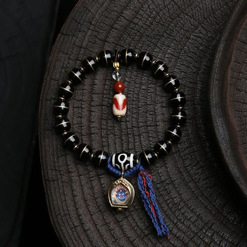 Natural Hainan Black Gold Coconut Stem Bracelet Gau Box Thangka Copper Accessories Tibetan Bead Bracelet