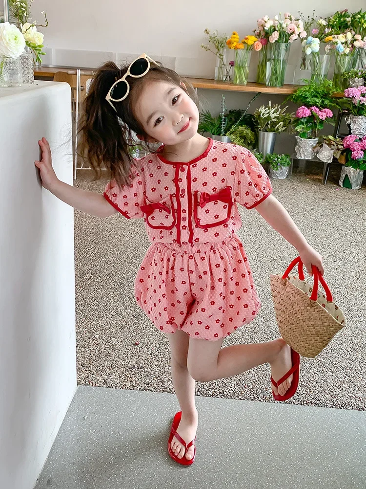 Children Girls Summer Fashion Clothing Set  2023 Baby Girl  Bowknot Floral Blouse Tops + Shorts Two-piece Clothes Suits