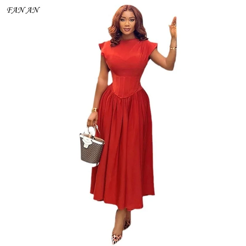 

New Women's Dress 2024 Summer Fall New Temperament Commuter Round Neck Waist High Waisted Fishbone A-line Skirt Dress Long Skirt