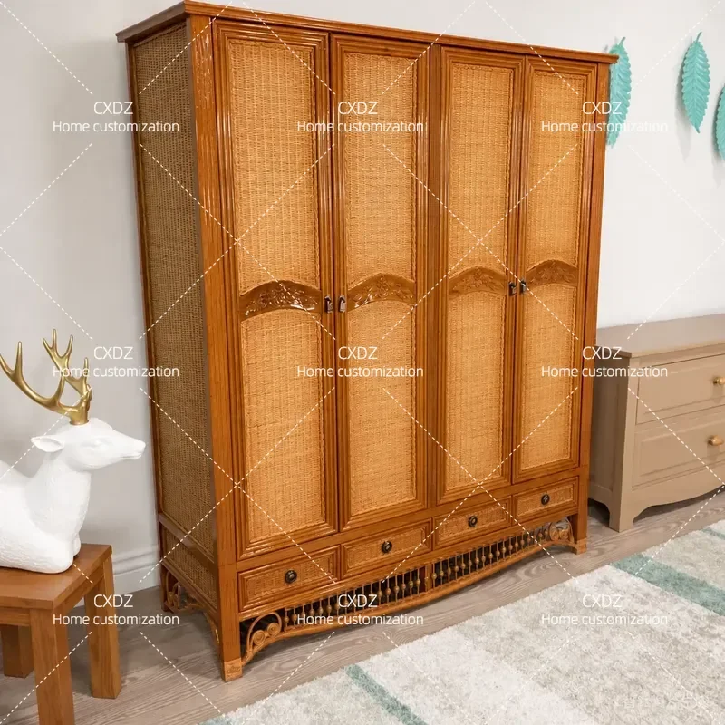 Real Vine Sliding Door Wardrobe Rattan Living Room Bedroom Four Doors Customizable 2025 New Large Double Door Whole House