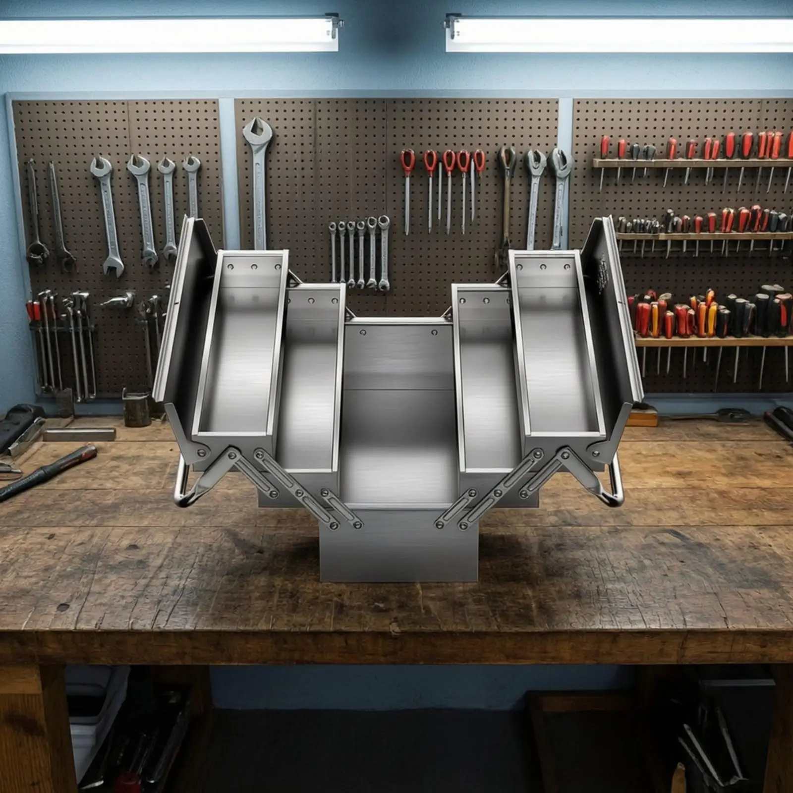 Space Saving Industrial Cabinet Stainless Steel Tool Box with Hinged Trays and Side Panels for Garage