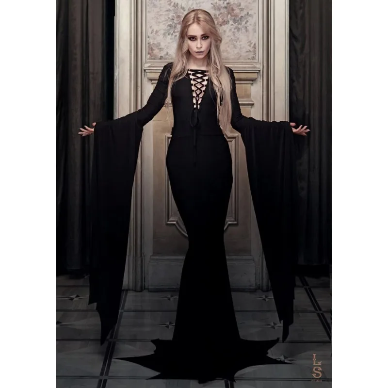 

Halloween Retro Strap Wrap Hip Gothic Women European American Flare Sleeve Lace Up V-neck Sexy Dress