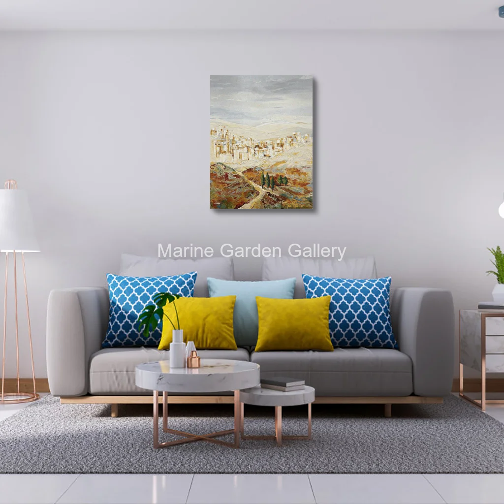 Large Jerusalem Landscape Canvas Art Old City Holy Land Handmade Textured Oil Painting Modern Wall Decor for Jewish Living Room