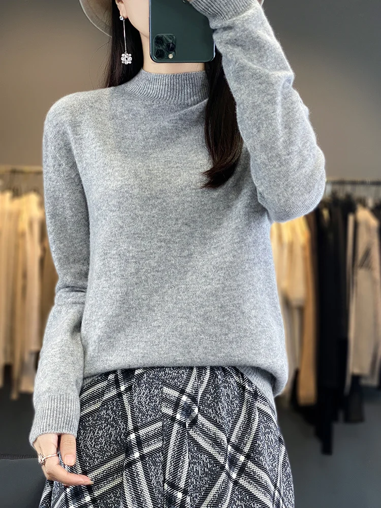 

Aliselect Spring Autumn Basic Wool Women Sweater Mock Neck Long Sleeve Solid Pullover 100% Merino Wool Knitwear Female Clothes