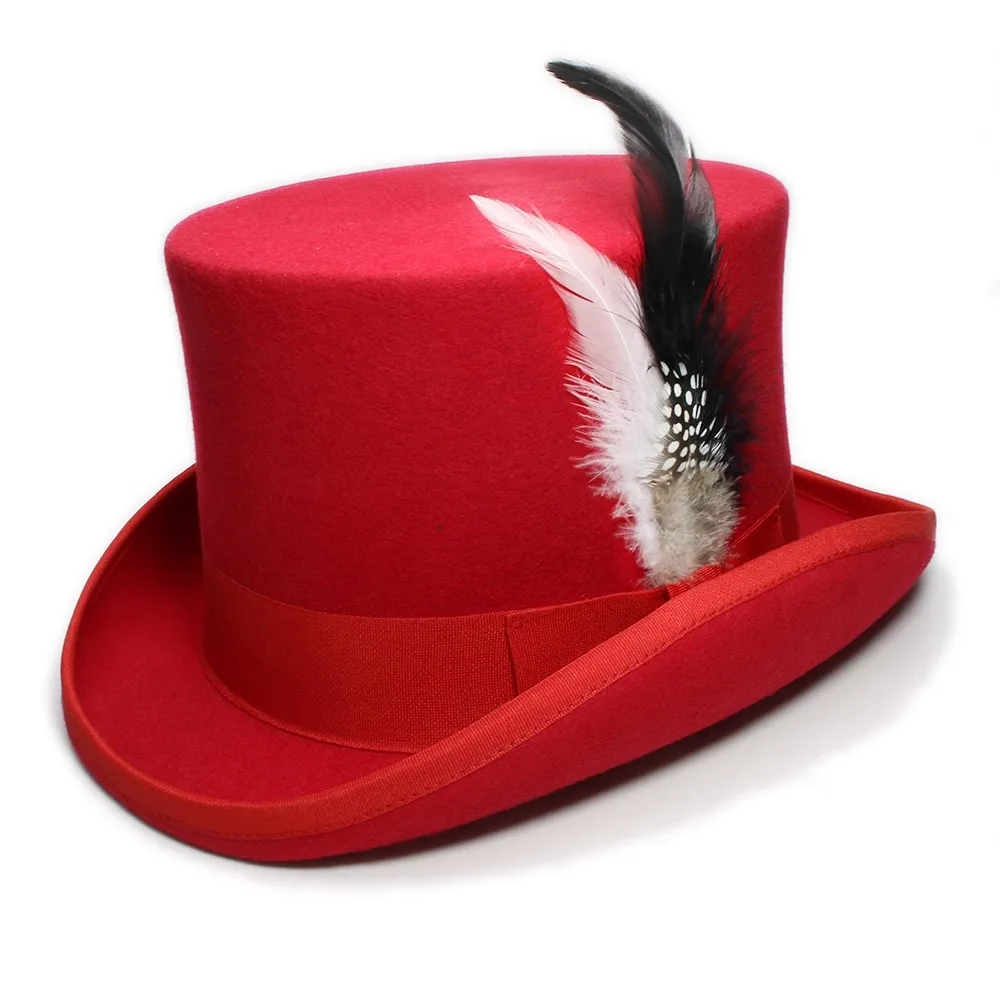Red top hat wool magician top hat British black jazz hat men and women court gentleman flat top felt hat