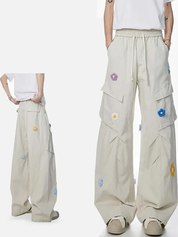 

Мужские повседневные брюки в американском уличном стиле с вышивкой, широкие, плиссированные, свободные, прямые, в стиле рабочей одежды, для пар