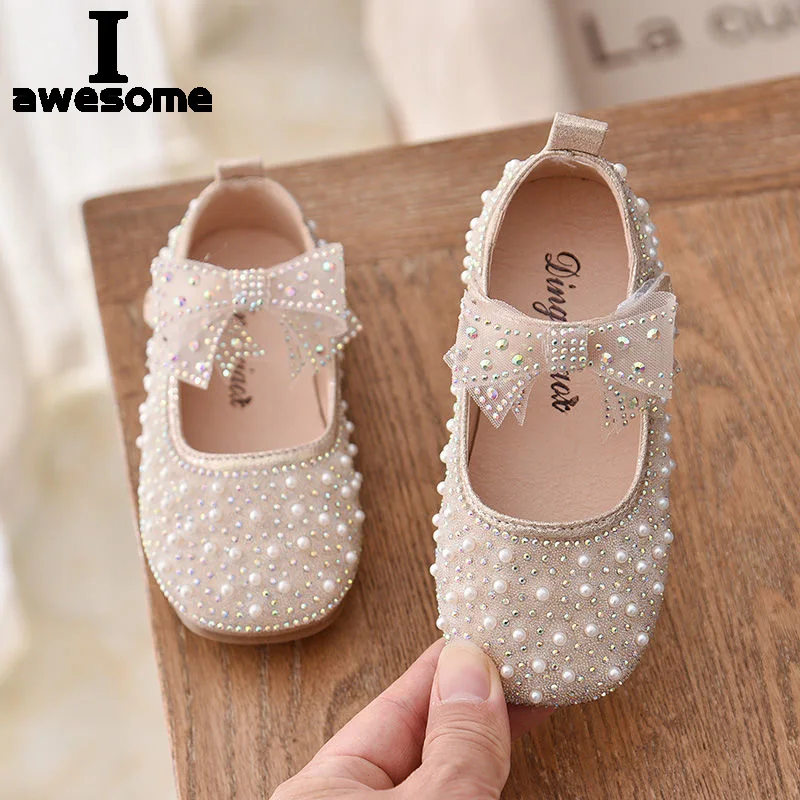 

2023 New Girl's Princess Shoes Children's Fashion Bow Rhinestone Sequin Kids Shoe Baby Girls Party Student Flat Leather Shoes