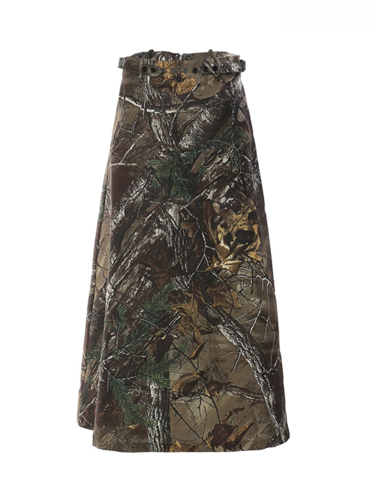 High Waist A-Line Midi Skirt Camouflage Print Forest Graffiti  Trendy Belted Half Body Skirt Commute Vintage Style