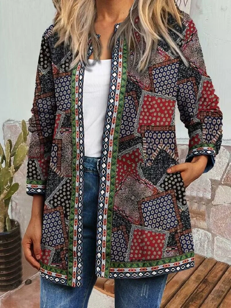 

Spring/Autumn Women's Patchwork Plaid Print Cardigan Coat Top