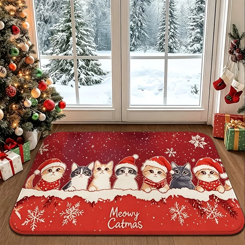 Red Home Letter Christmas Doormat 2D Flat Printed Golden Bell Pine Berry Floor Rug for Entryway Indoor Xmas Home Decoration