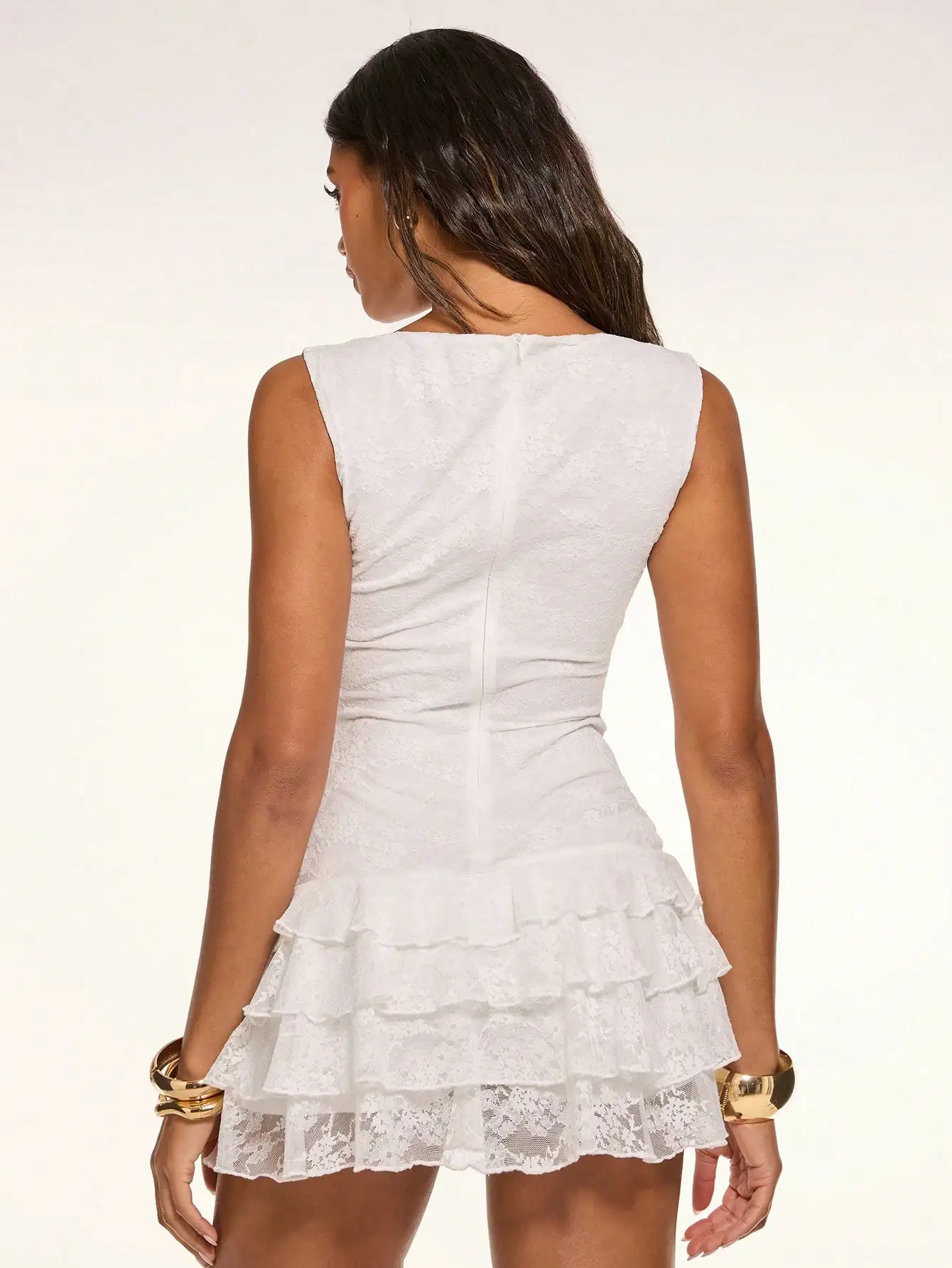 White Lace Sleeveless Tiered Mini Dress with Ruffles, Boho Western Style