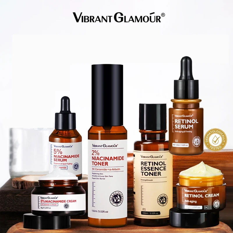 VIBRANT GLAMOUR Niacinamide Retinol Set Whitening Anti-wrinkle Face Cream Serum Toner Combo 5X Ceramide Fade Spots Anti Aging