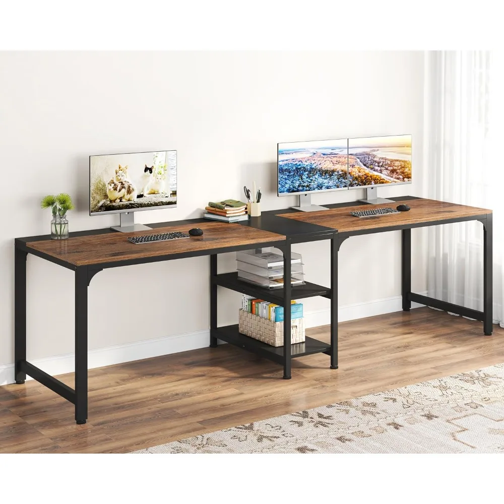 90.55'' 2 Person Desk with Storage Shelves,Spacious Desktop, Extra Long Study Writing Table Workstation for Home Office