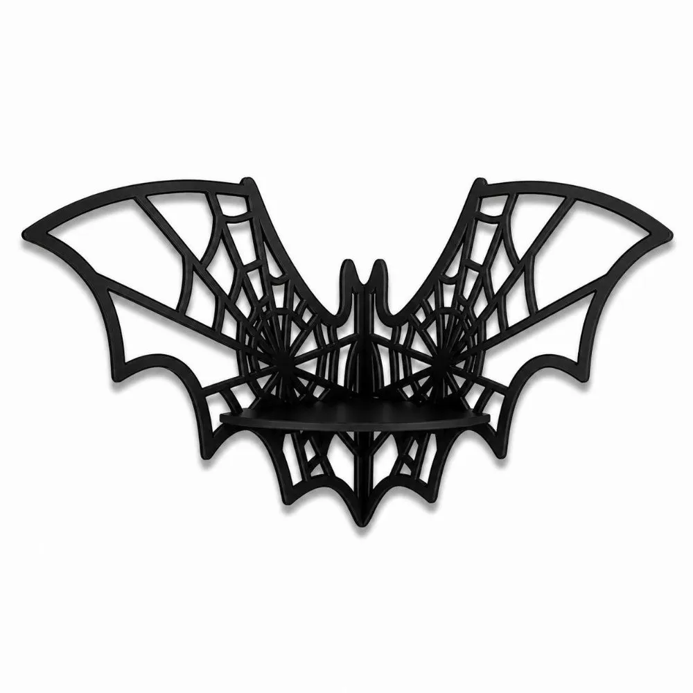 Wooden Bat Corner Shelf Hollow Pattern Wall Mounted Floating Storage Shelf Black Creative Shape Wall Display Shelf