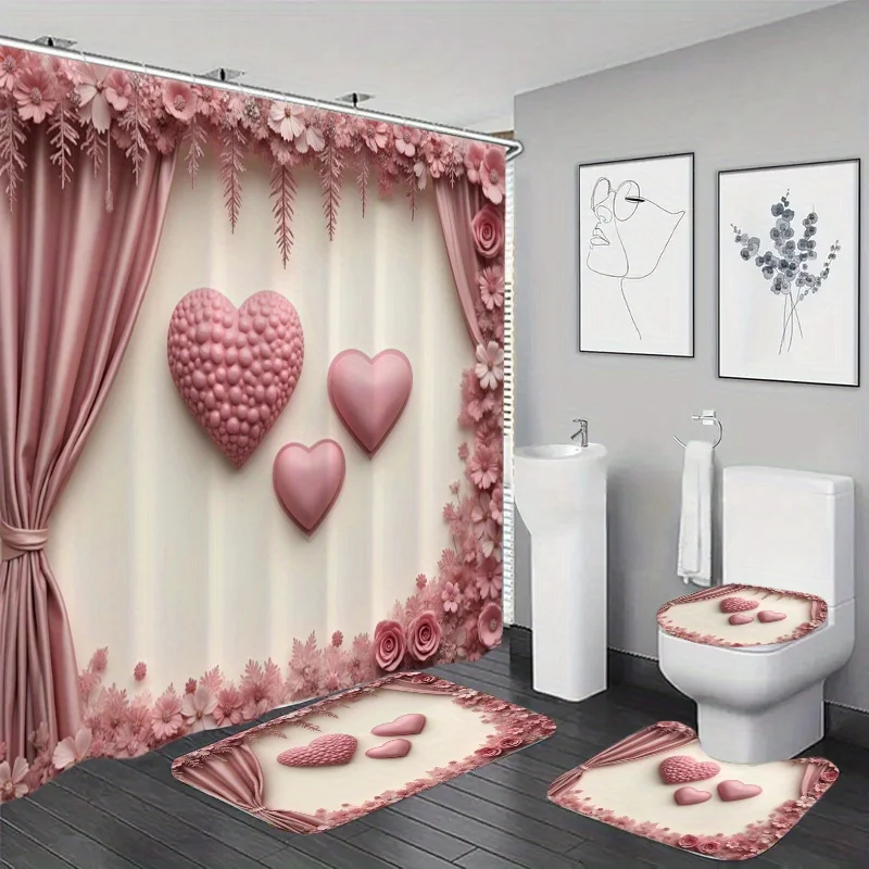 4pcs Bathroom Set Shower Curtain with 12 Hooks Floor Mat Toilet Contour Mat And Toilet Lid Mat Bathroom Decoration Bathroom Acce