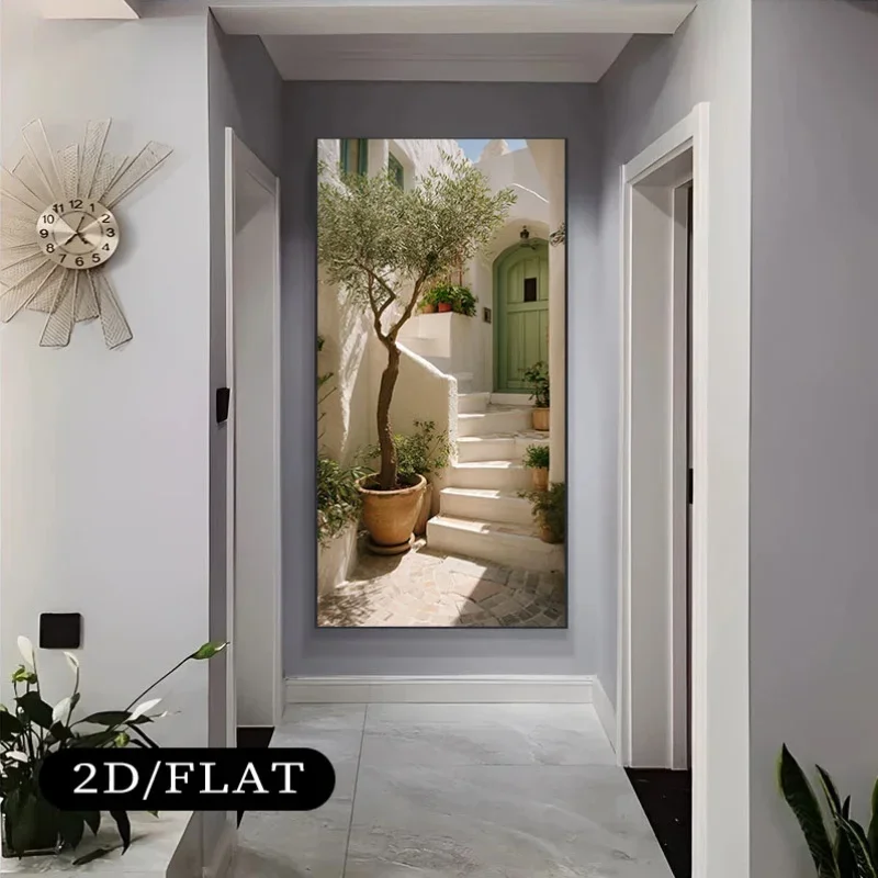 1pc Unframed Canvas Wall Art Mediterranean-Style Staircase with Olive Tree and Green Door, for Living Rooms, and Bedrooms Decor