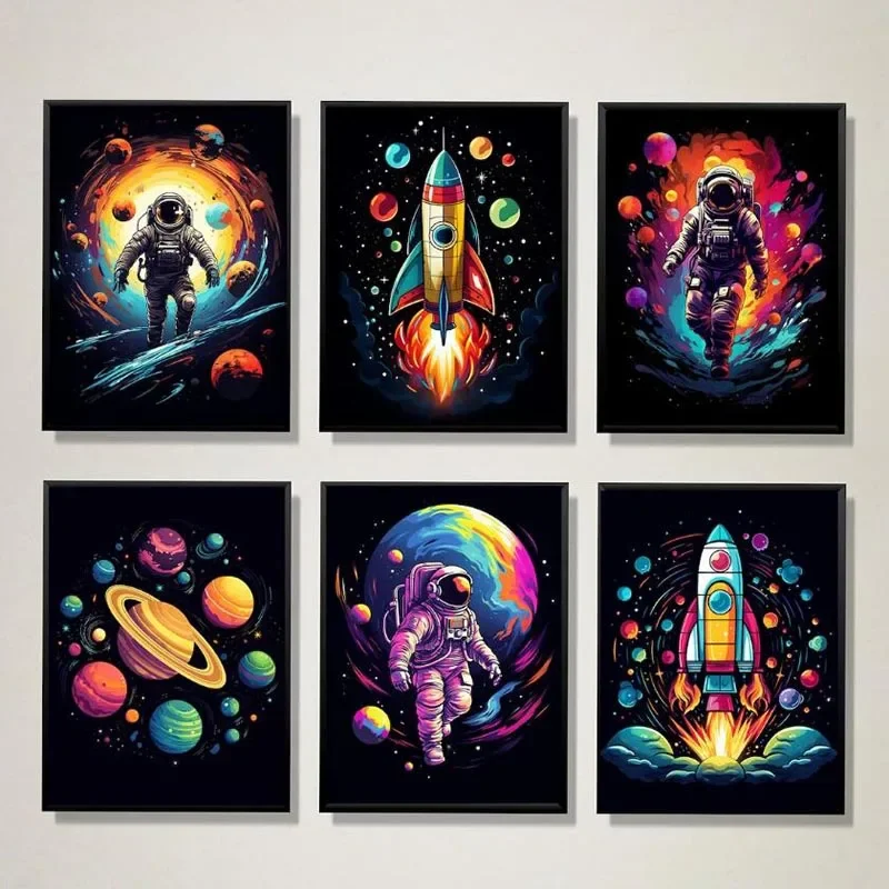 Abstract Cartoon Astronaut Space Themed Poster and Print Canvas Painting Kids Wall Art Pictures for Boy Bedrooms Home Decorat