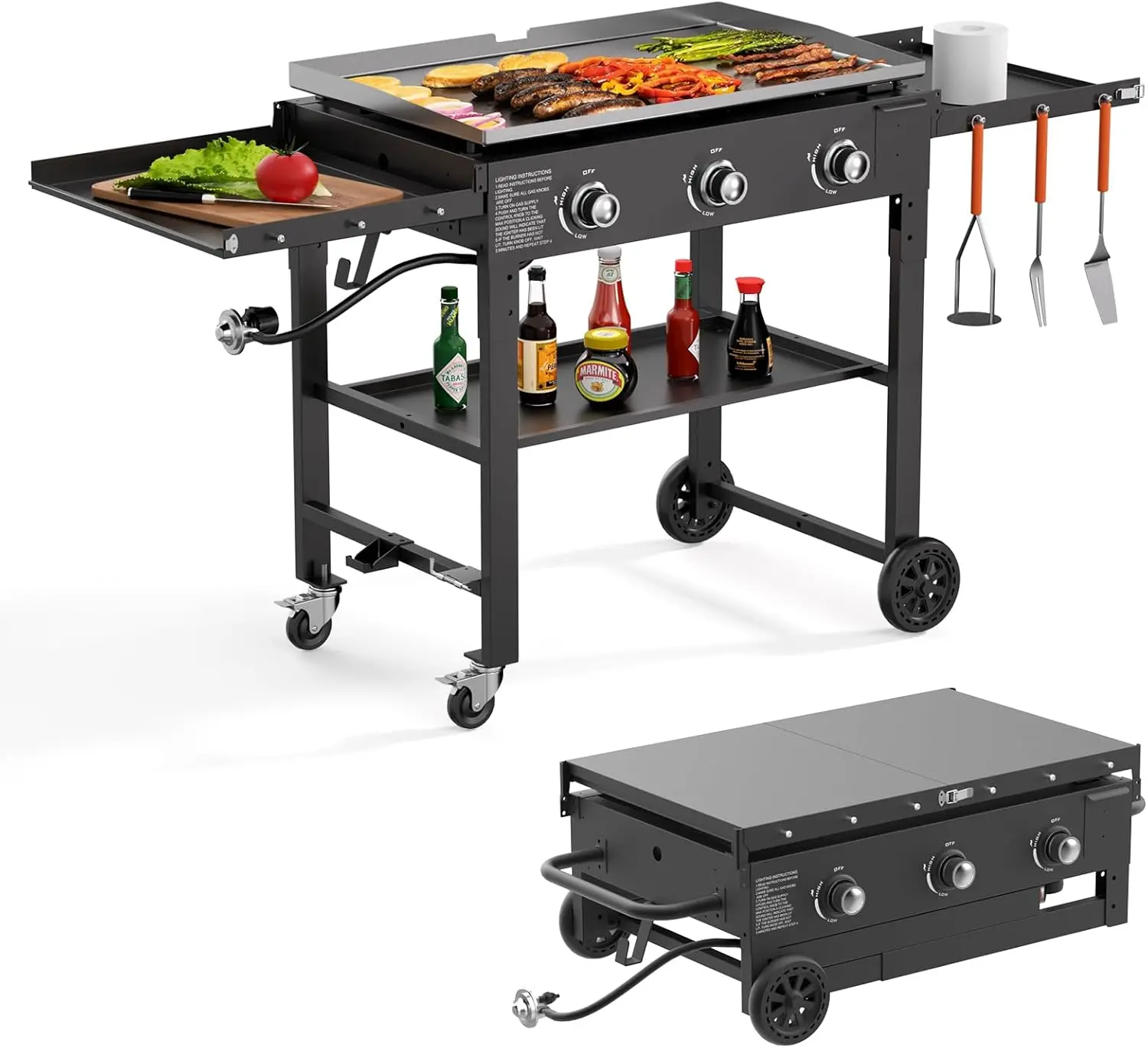

Flat Top Gas Grill-31.5 Inch Outdoor Portable Propane Gas Griddle,-45000 BTU Propane Fuelled, 3 Burners Table Top Foldable