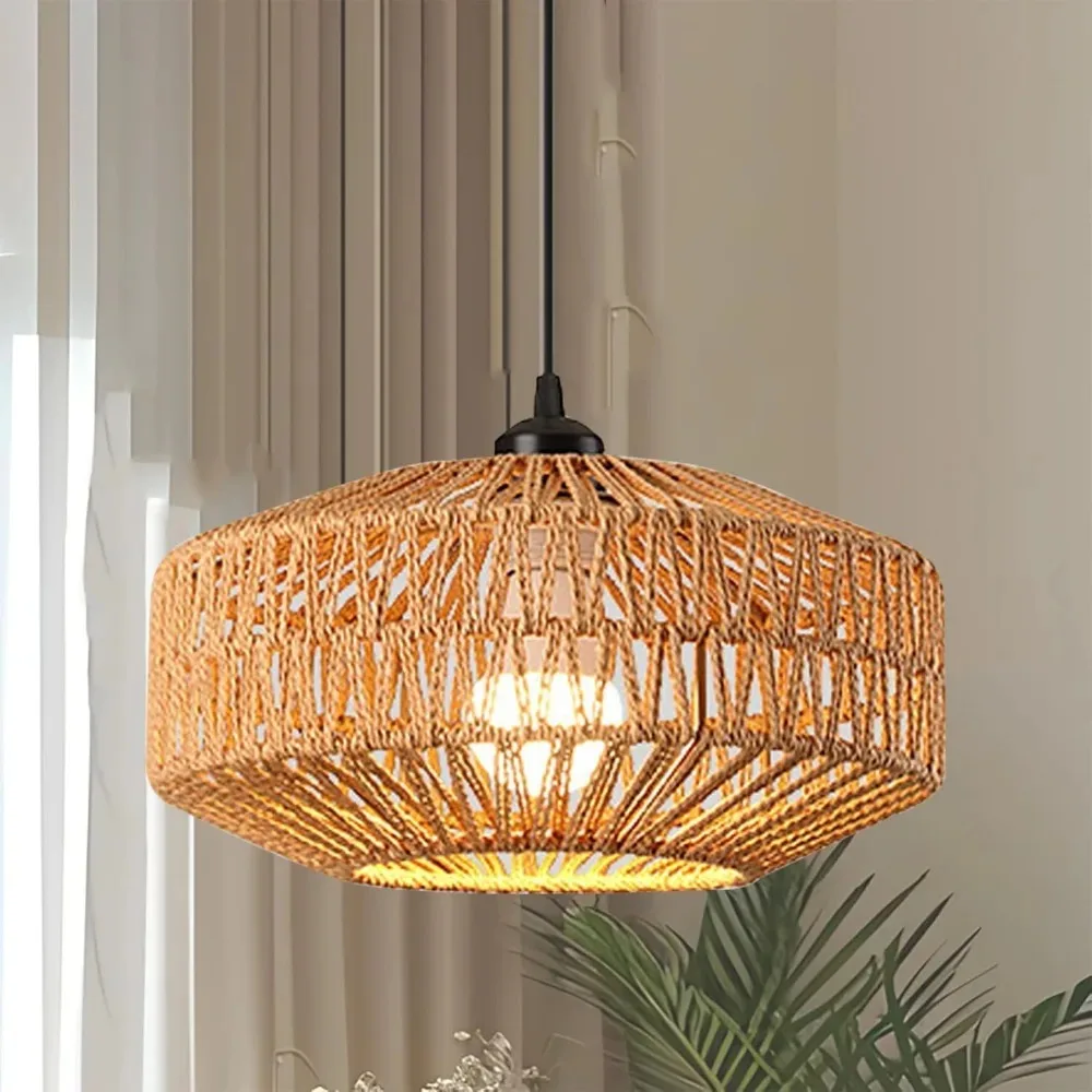

Boho Hemp Rope Chandelier Vintage Wicker Pendant Light Rattan Ceiling Hanging Lamp for Dining Room Bedroom Living Room E27