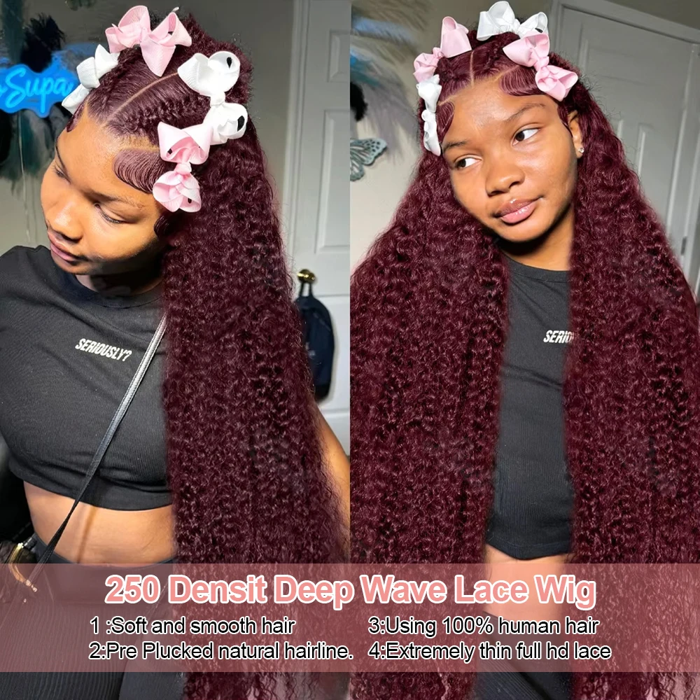 99J Borgogna 13x6 Hd Anteriore Del Merletto Parrucca Dei Capelli Umani 36 40 Pollici di Colore Rosso 13x4 Trasparente Del Merletto Ricci Onda Profonda Frontale parrucche 250%